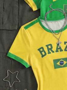 Áo thun croptop cho bé gái in họa tiết toàn thân, phối màu Dopamine, chủ đề Brazil, viền tương phản với họa tiết quốc kỳ, áo thun thường ngày phù hợp cho đi học, thể thao, mùa hè và mùa thu. - Nhiều màu - Xem 5