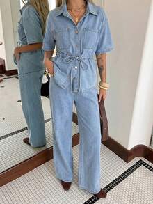 Conjunto de camisa con bolsillo en la cintura y pantalón vaquero de pierna ancha lavado, estilo casual para mujer, primavera/verano - Lavado ligero - Ver 4