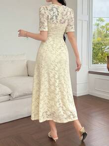 DAZY Brown And Cream Textured Lace Dress For Women,Elegant Summer Tea Party Date Night Sun Dresses,Waist-Cinching Short Sleeve Mid-Length Formal Wedding - Beige - View 2