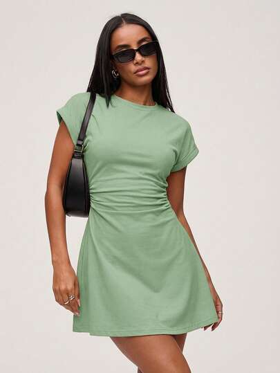 SHEIN BASICS 休闲纯色针织圆领短袖侧抽绳女式迷你连衣裙