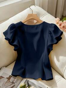 Franclia Women's Solid Color Ruffle Sleeve Round Neck Shirt, Yellow, Fashion Versatile French Style Short Pearl Button Decorated Blouse, Elegant Summer Top - Navy Blue - View 2