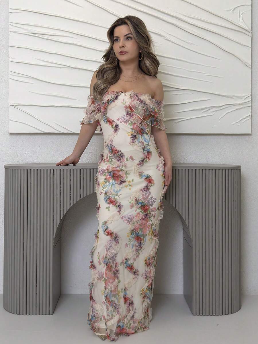 Jemour Elegant Romantic Ruffle Off Shoulder Cinched Waist Bodycon Mesh Floral Dress For Women Party - Multicolor - View 1