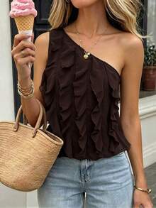 SHEIN PariChic Women Elegant Multi-Layer Ruffle Trim Single Shoulder Top,Coffee Brown Summer Casual Holiday Vacation Summer Outfits Chic Figure Flattering Top - Coffee Brown - View 4