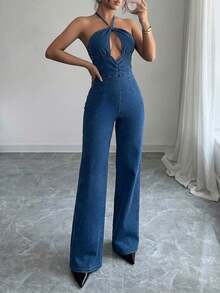 Firerie Bộ jumpsuit denim nữ gợi cảm hở lưng, cổ yếm, khoét eo, phù hợp cho kỳ nghỉ hè, lễ hội, đi làm, tốt nghiệp, phong cách Y2K, dễ thương, thời trang đường phố, tiệc tùng, đám cưới, thanh lịch, công sở, đi biển, tốt nghiệp, phong cách sang trọng. Jumpsuit denim nữ cổ yếm buộc dây với chi tiết khoét eo, ống rộng. - Màu xanh lam - Xem 3