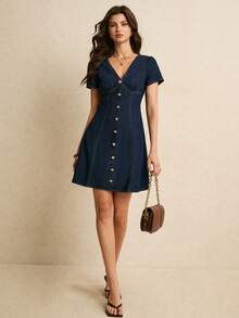 Poéselle Women's Casual Front Button V-Neck Short Sleeve Denim Mini Dress, Autumn Dress, Outfits, Navy Blue Button, Casual,Elegant Dress, Holiday Dress. Date - Black - View 5