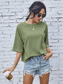 EMERY ROSE Raglan Sleeve Olive Green Print Tee Graphic Tees Women Tops Night Autumn Casual - Green - View 6