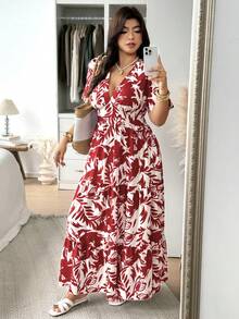 Vionelle Plus Size V-Neck Short Sleeve Floral Print Dress - Red - View 6