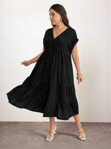 Enliva Vestido negro holgado de cuello en V para tallas grandes, para silueta de manzana y redondeada - Negro - Ver 4