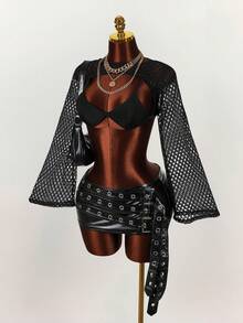Amplova Music Festival Street Style Sexy Bra + Sheer Overlay Top For Women Golf Pastal Autumn - Black - View 4