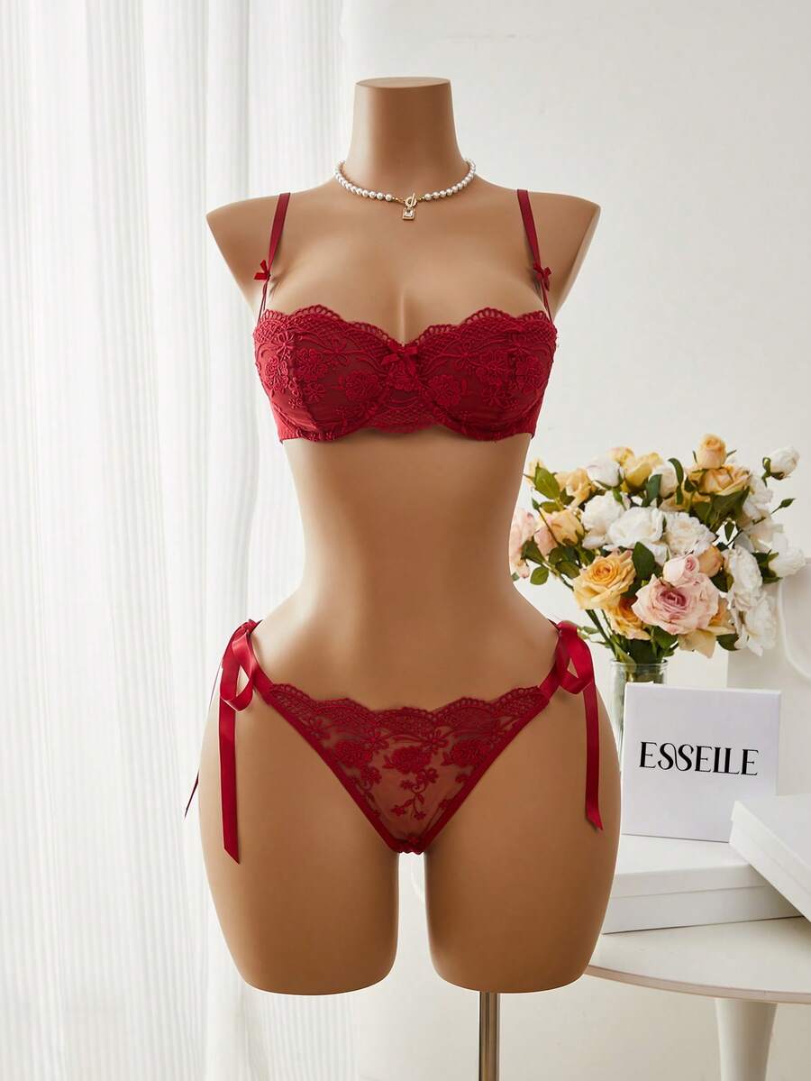 Esselle Women's Solid Color Lace Patchwork Knotted Sheer Sexy Bra And Panty Lingerie Set, 2pcs - Burgundy - View 1