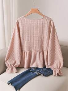 CosyJoli 大码女式休闲碎花长袖衬衫，优雅宽松版型上衣，春秋季服装 - 卡其色 - 查看 2