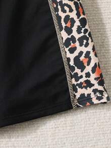 Traje de baño de una pieza para adolescentes con mangas raglán de punto negro, estampado de leopardo y bloques de color, traje de surf con cremallera para primavera/verano - Negro - Ver 4