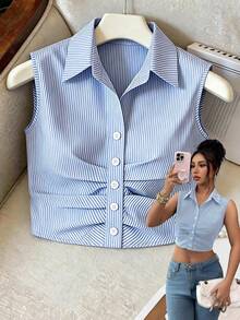 Elenzga Camisa sin mangas de rayas azules y blancas con fruncido en la cintura, nueva llegada de verano para mujer, adecuada para vacaciones en la playa y el té de la tarde - Azul - Ver 1