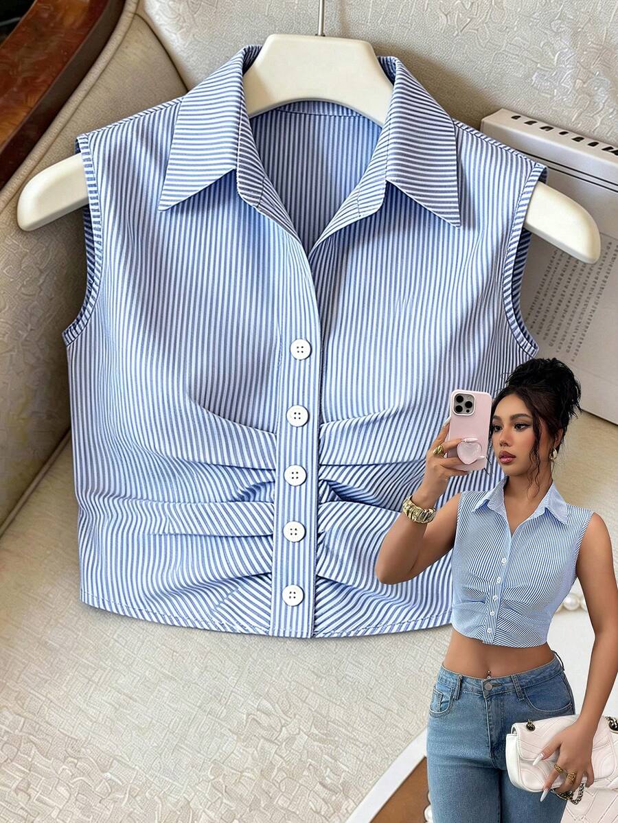 Elenzga Camisa sin mangas de rayas azules y blancas con fruncido en la cintura, nueva llegada de verano para mujer, adecuada para vacaciones en la playa y el té de la tarde - Azul - Ver 1