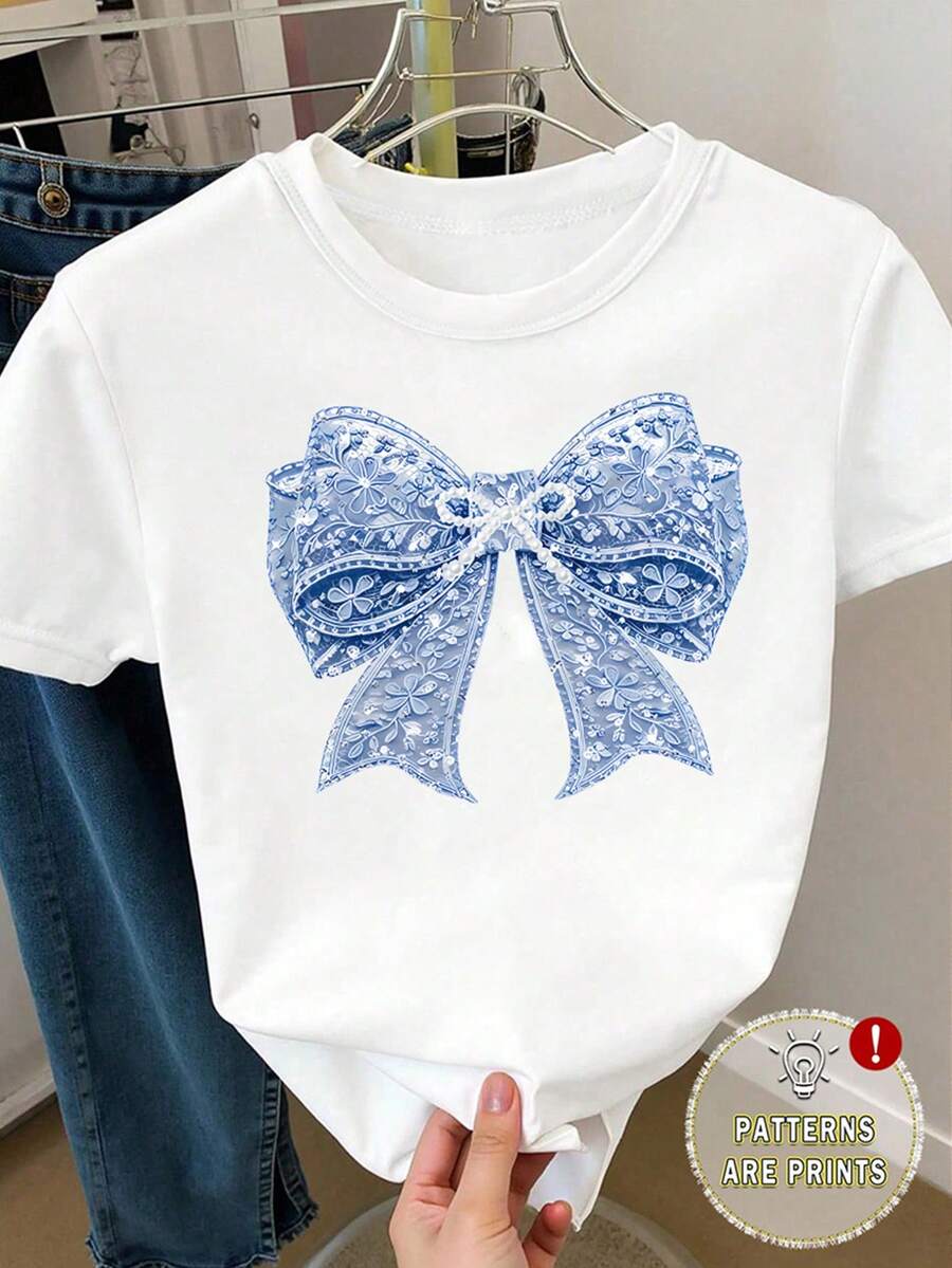 Blue And White Stripe, Summer, Cute, School, Back-To-School Tween Girls Fresh Bow Decor Pattern Print Basic Short T-Shirt, Casual Creative Personalized Minimalist - White - View 1