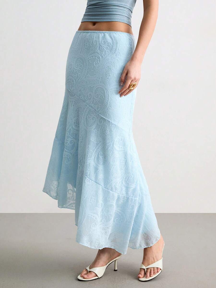 CielaLinda Chân váy nữ màu xanh nhạt dệt kim jacquard, vạt bất đối xứng, viền ren, kiểu dáng bohemian, thích hợp cho kỳ nghỉ. - Màu xanh nhạt - Xem 1