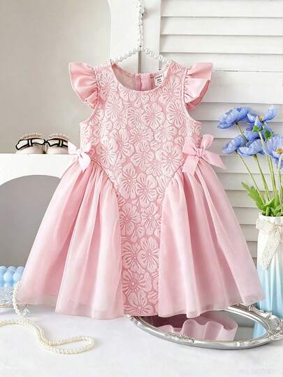 SHEIN Baby GirlSweet Floral Jacquard Blue Dress, Mesh Waist Bow Decor, Suitable For Daily Outings, Photo Shoots, Vacation And More