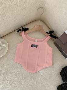 SHEIN Bộ 2 món cho bé gái 0-3 tuổi, kiểu dáng thời trang đường phố, áo hai dây viền cong và chân váy xếp ly, màu đen trắng. - Nhiều màu - Xem 3