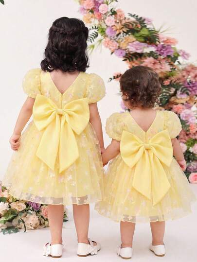 SHEIN Glamorique Kids Flower Girl Birthday Party Wedding Occasion Dress With Detachable Big Bow, Baby Girl Yellow Puff Sleeve Chiffon Ruffles Floral Mesh Princess Dress, Lightweight For Summer Beach Tropical Vacation Yellow Dress For Baby Girl