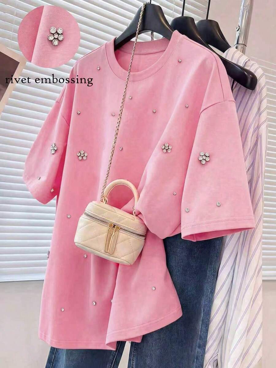 Franclia New Casual Rhinestone Decor Loose T-Shirt For Women - Pink - View 1