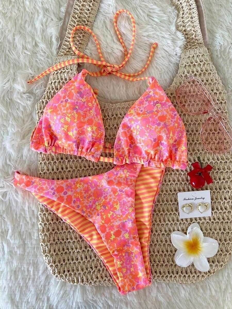 SHEIN Bộ bikini họa tiết hoa nhí nhiều màu sắc dành cho thiếu nữ, đồ bơi mùa hè ngọt ngào cho kỳ nghỉ biển. - Hồng - Xem 1