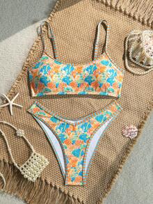 Swim Mod Set de 2 piezas de bikini para mujer, elementos aleatorios de colores del océano y correa con conchas, diseño con ribete geométrico de contraste - Multicolor - Ver 4