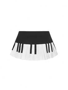 ROMWE Grunge Punk Minifalda micro Y2K para mujer, vestido con estampado de teclado de piano plisado de cintura ultra baja y vintage - Blanco y Negro - Ver 2