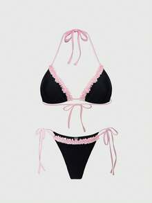 ROMWE Kawaii Bộ bikini hai mảnh mùa hè dành cho nữ, ngọt ngào, dễ thương, đơn giản và đa năng, màu đen tuyền với viền bèo hồng, áo tam giác buộc dây cổ với quần bikini cùng màu, thích hợp cho kỳ nghỉ xuân, hè và thu. - Nhiều màu - Xem 1