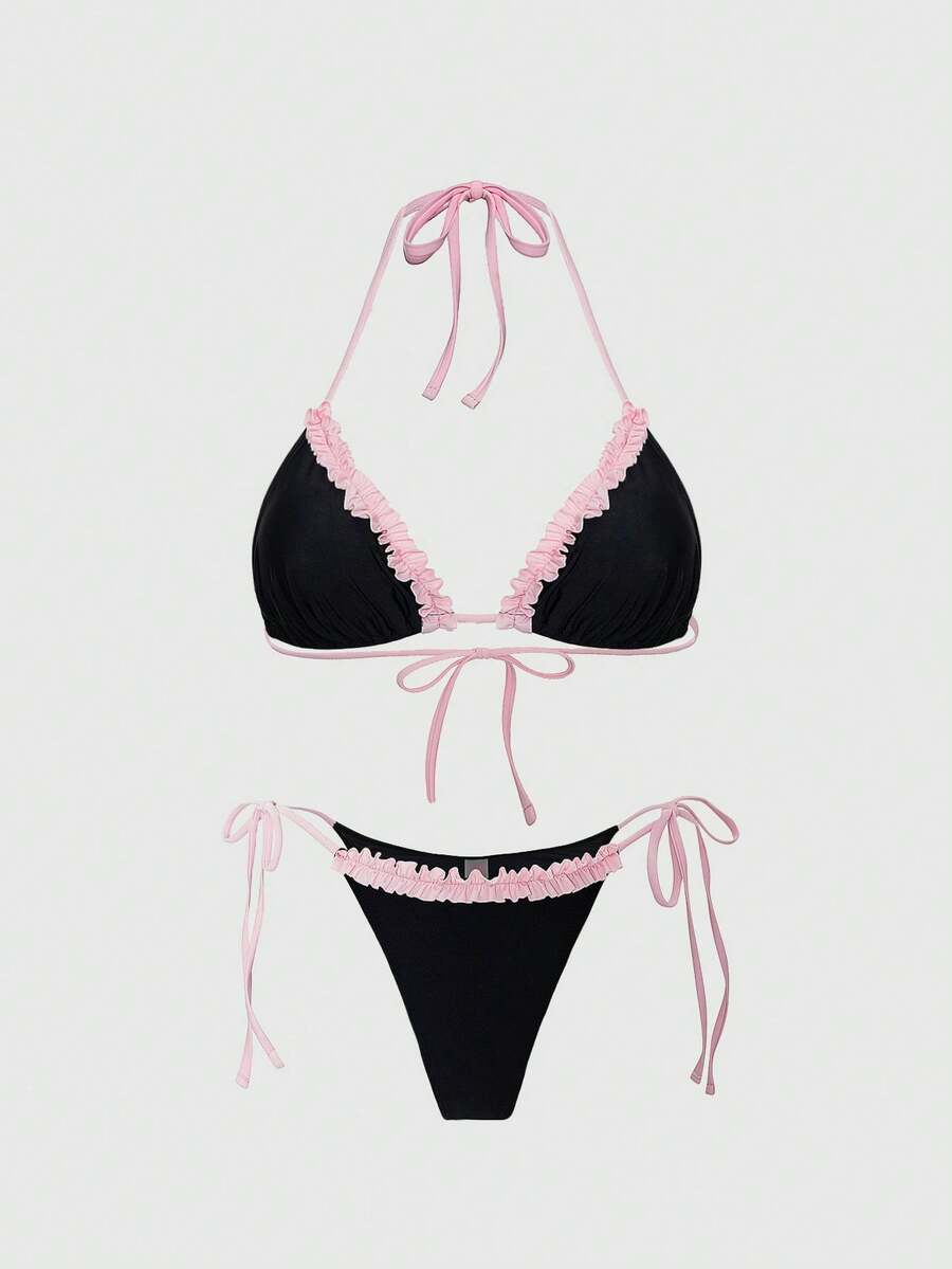 ROMWE Kawaii Bộ bikini hai mảnh mùa hè dành cho nữ, ngọt ngào, dễ thương, đơn giản và đa năng, màu đen tuyền với viền bèo hồng, áo tam giác buộc dây cổ với quần bikini cùng màu, thích hợp cho kỳ nghỉ xuân, hè và thu. - Nhiều màu - Xem 1