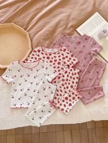 Pijama de niña bebé con estampado de dibujos animados y volantes en el bajo, conjunto de varias piezas, adecuado para el verano - Multicolor - Ver 5