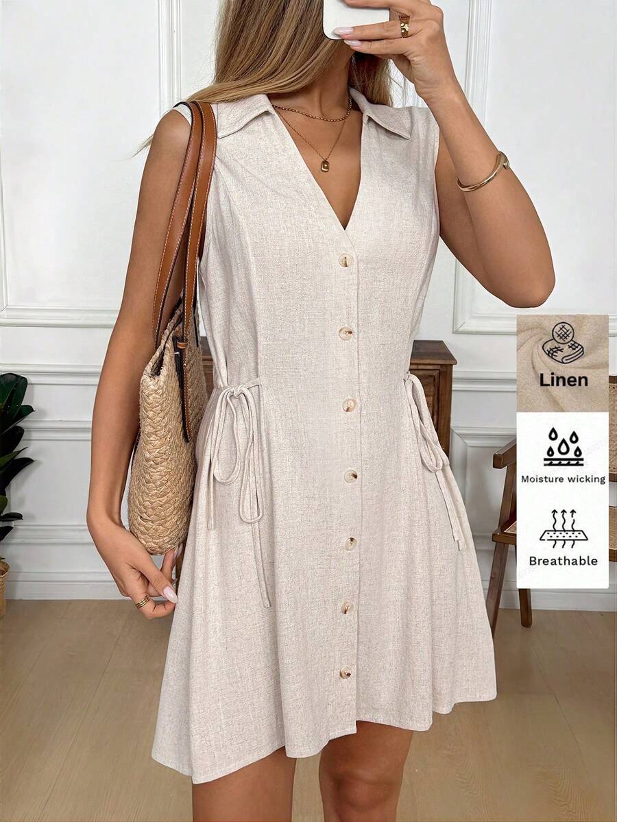 SHEIN LUNE Đầm mini không tay màu mơ dành cho nữ cỡ lớn, chất liệu vải lanh thoải mái, phù hợp cho các dịp thường ngày, đi làm, công sở, phong cách vintage, đi nghỉ mát kiểu Pháp, kỳ nghỉ xuân/hè/phong cách boho/quyến rũ. - Màu be - Xem 1