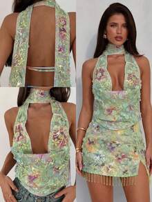 Aloruh Blusa elegante y sexy de mujer con cuello profundo drapeado, tirantes con lazo y bordado de cuentas con espalda descubierta - Verde - Ver 1