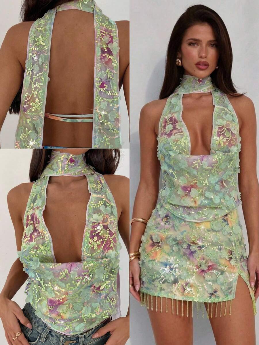 Aloruh Blusa elegante y sexy de mujer con cuello profundo drapeado, tirantes con lazo y bordado de cuentas con espalda descubierta - Verde - Ver 1