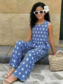 SHEIN Elladie kids 2件套女童时尚可爱3D蝴蝶结无袖上衣和七分裤套装，适合日常穿着、度假、野餐、郊游等多种场合，春夏新品上市 - 藍色 - 查看 6