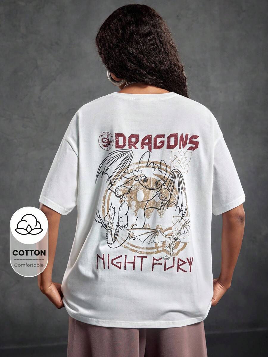 SHEIN How to Train Your Dragon Camiseta de manga corta casual de mujer con estampado de letras y dibujos animados, para verano - Blanco - Ver 1