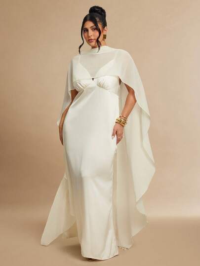SHEIN BAE Plus Size Women's Spring/Summer Satin Long A-Line Waist Chiffon Detachable Shawl Top 2-Piece Set