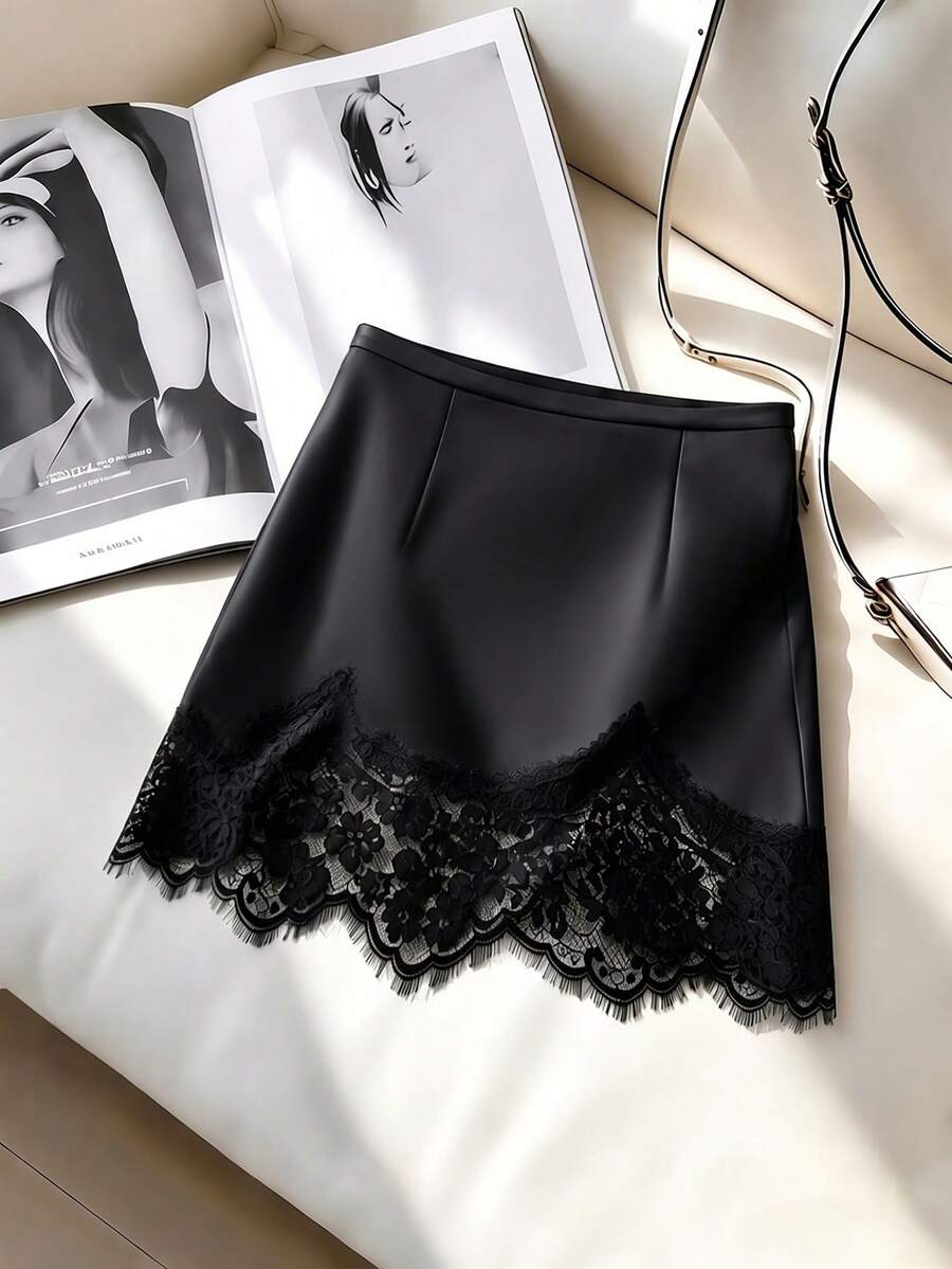 SHEIN Franclia Váy ngắn nữ mùa xuân/hè mới, chất liệu satin đen bóng, thắt eo bất đối xứng, viền ren, thanh lịch, thích hợp mặc đi làm hàng ngày, dự tiệc, lễ hội, công sở. - màu đen - Xem 1