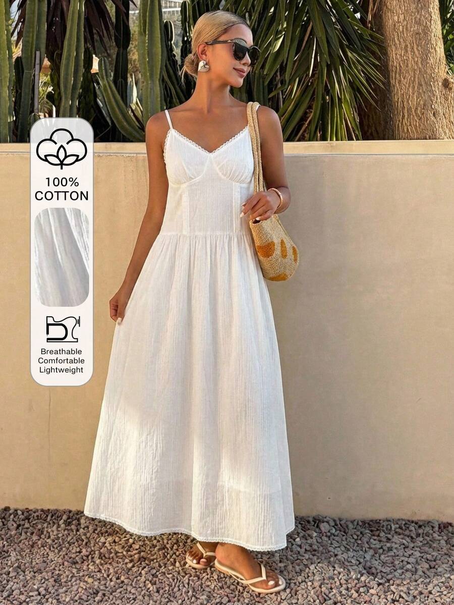 Livesso Đầm nữ dáng suông không tay, chất liệu ren hoa khoét rỗng, kiểu bohemian, thích hợp cho đi biển, nghỉ mát, đi làm, mùa xuân và mùa hè. - trắng - Xem 1