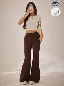 SHEIN PETITE 女士高腰弹力收腹瑜伽喇叭裤，舒适棉混纺 - 棕色 - 查看 7