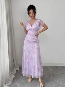 Elenzga Đầm dài nữ màu hồng nhạt, chất liệu lưới, in họa tiết hoa mẫu đơn, có lớp lót, phù hợp cho phụ nữ từ 20-35 tuổi trở lên, dự tiệc tối trang trọng, đám cưới, hẹn hò Valentine (Họa tiết hoa ngẫu nhiên) - Màu tím hoa cà - Xem 7