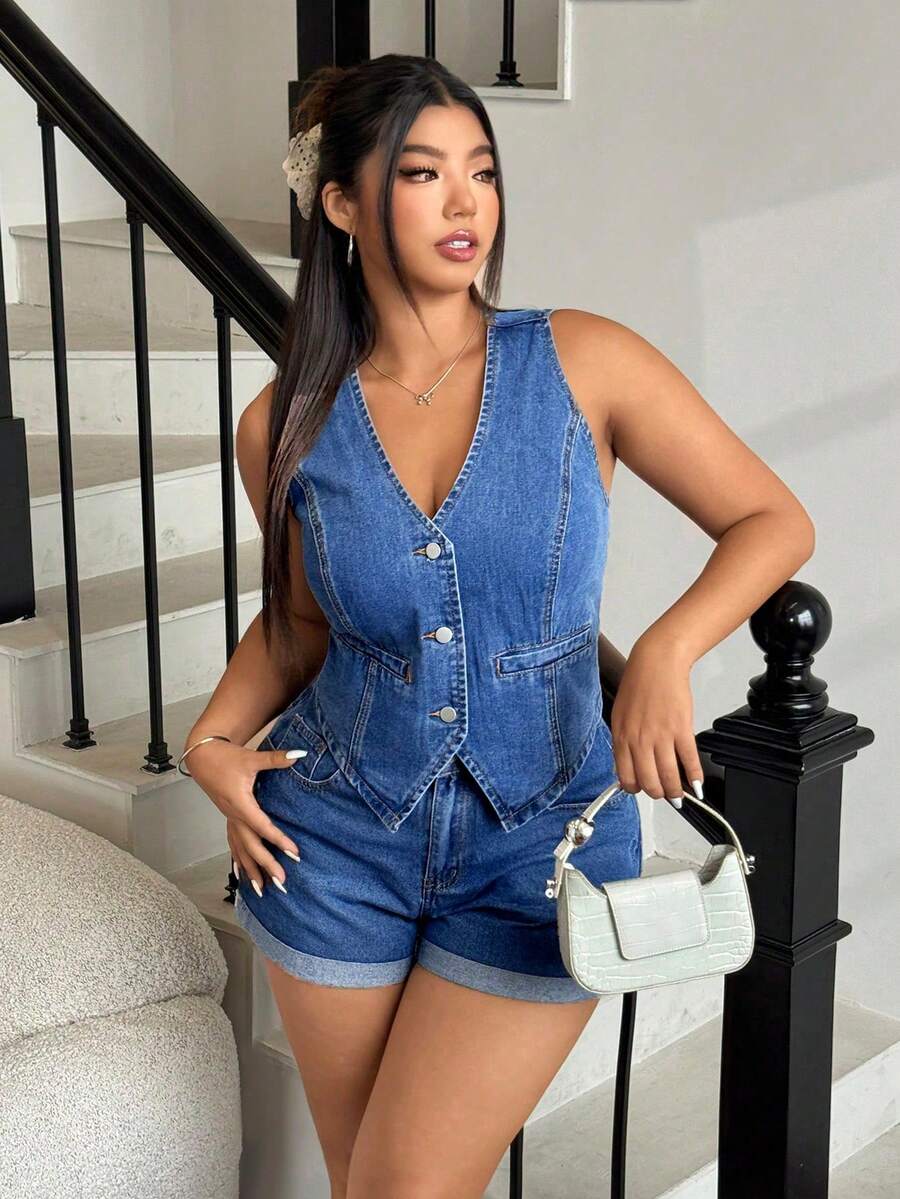 Sunnyshic Áo khoác denim cổ chữ V đa năng kiểu vintage, thích hợp cho mùa hè. - Rửa trung bình - Xem 1