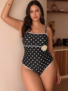 Swim Chiccia Plus Size Women Polka Dot Floral Decor One-Piece Swimsuit - Black and White - View 7