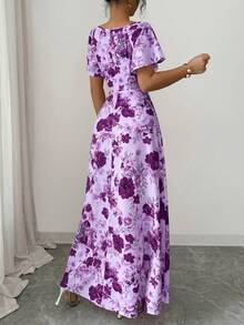 SHEIN Elenzya Women Purple Floral Elegant Summer Tea Party Rose Ditsy Floral Ruched Front Ruffle Sleeve Waist A-Line Maxi Dress,French Retro Vacation Date Fashion - Multicolor - View 2