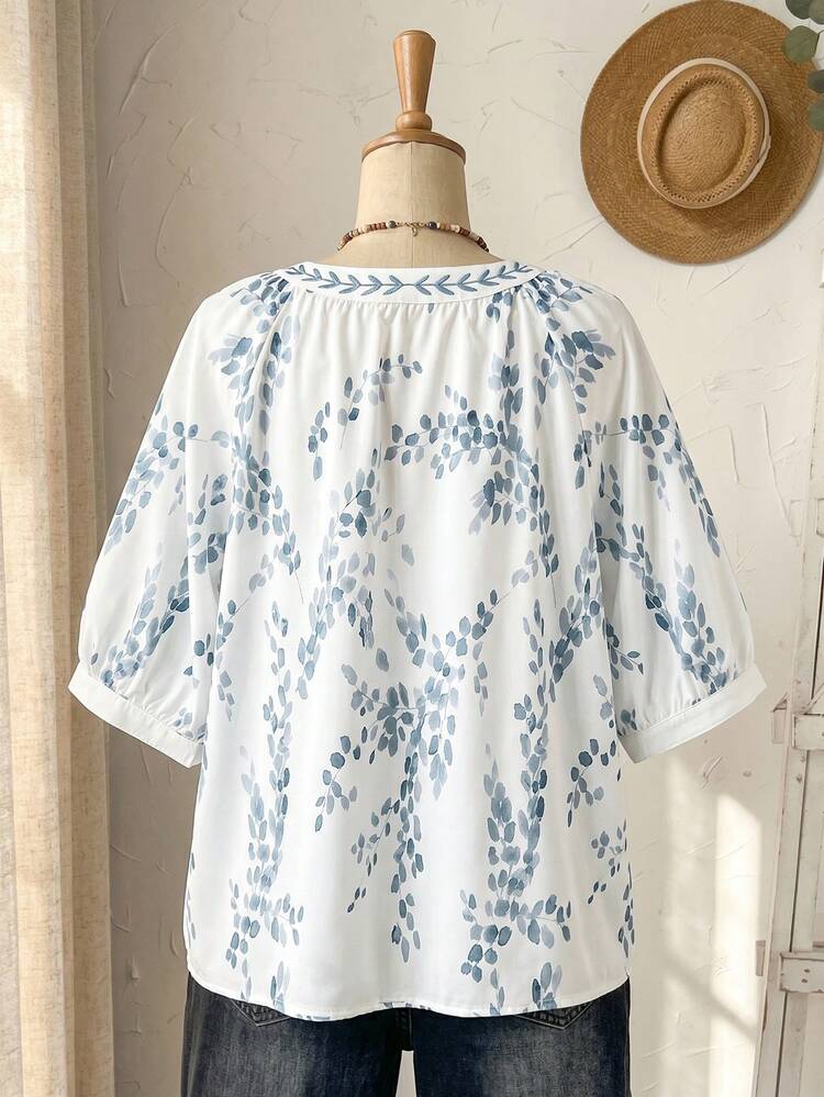 Plus Size Casual Vacation Botanical Print Notch Collar Shirt Country Style For Women Vacation Outfits Women Holiday Outfits For Women