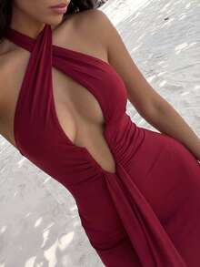 Bonvoyette Đầm maxi màu đỏ rượu vang gợi cảm cổ chữ V, dây buộc cổ, lưng hở, không tay, xếp ly, thích hợp cho biểu diễn, câu lạc bộ, hẹn hò, đường phố, thu đông, thanh lịch, dạ hội, tiệc tùng, sinh nhật, tiệc tùng, lễ tình nhân. - Màu Đỏ Sâu - Xem 7