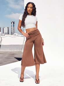 Denimoi Fold Over Waist Guacho Pants Solid Color Culottes Summer Vacation Outfits Y2K Fashionable - Brown - View 3