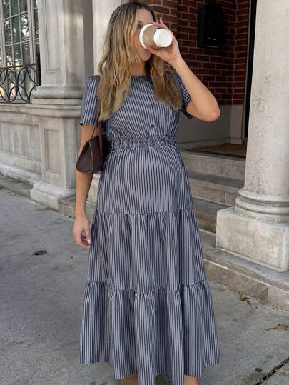 MaterniWear Maternity Casual Vacation & Commute Striped Print Short Sleeve Tiered Hem Midi Dress