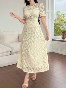 DAZY Brown And Cream Textured Lace Dress For Women,Elegant Summer Tea Party Date Night Sun Dresses,Waist-Cinching Short Sleeve Mid-Length Formal Wedding - Beige - View 5