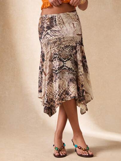 SHEIN BAE Falda de sirena con estampado animal y de piel de serpiente, bajo asimétrico, cintura baja, encaje, color albaricoque elegante, adecuada para fiesta, cóctel, cumpleaños, dama de honor, invitada de boda, primavera/verano
