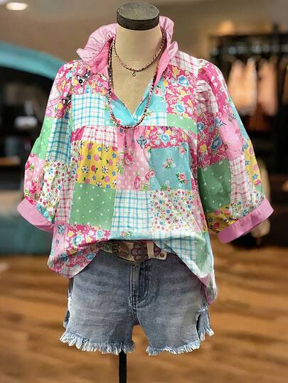 Linhara Camisa casual de mujer con cuello en V y manga corta, con diversos estampados florales, de cuadros y de bloques de color contrastantes, romántica y elegante para primavera/verano
